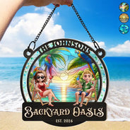 Proud, Backyard, Summer, Outdoor Decor, Gift For Couples, Vector - Sea Glass Frame Backyard Oasis - Personalized Window Hanging Suncatcher Ornament