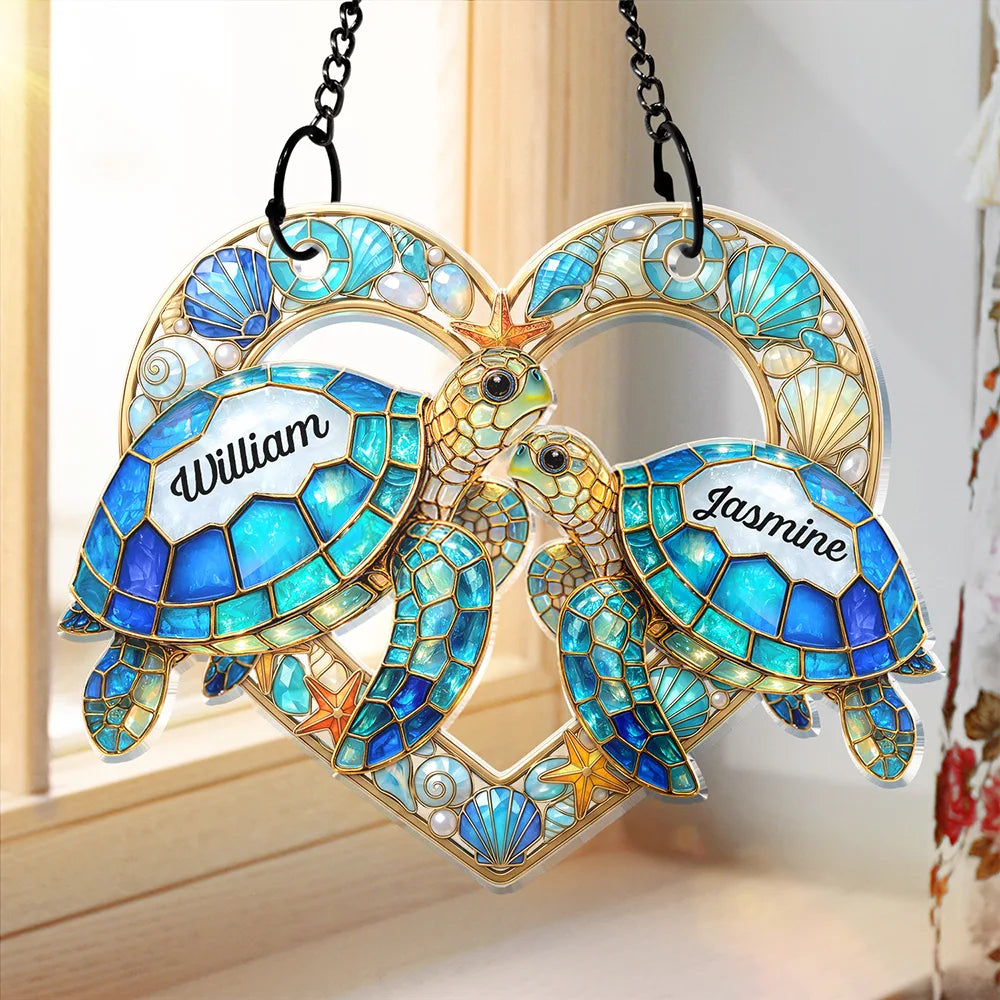 Gift For Couples,Gift For Husband,Gift For Wife,Gift For Boyfriend,Gift For Girlfriend,Beach,Happy,Icon - Sea Turtle Couple So Many In The Sea - Personalized Window Hanging Suncatcher Ornament