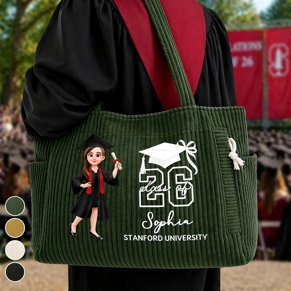Graduation,Happy,Gift For Yourself,Gift For Women,Gift For Daughter,Gift For Bestie - Senior Girl She Finally Did It - Personalized Corduroy Tote Bag
