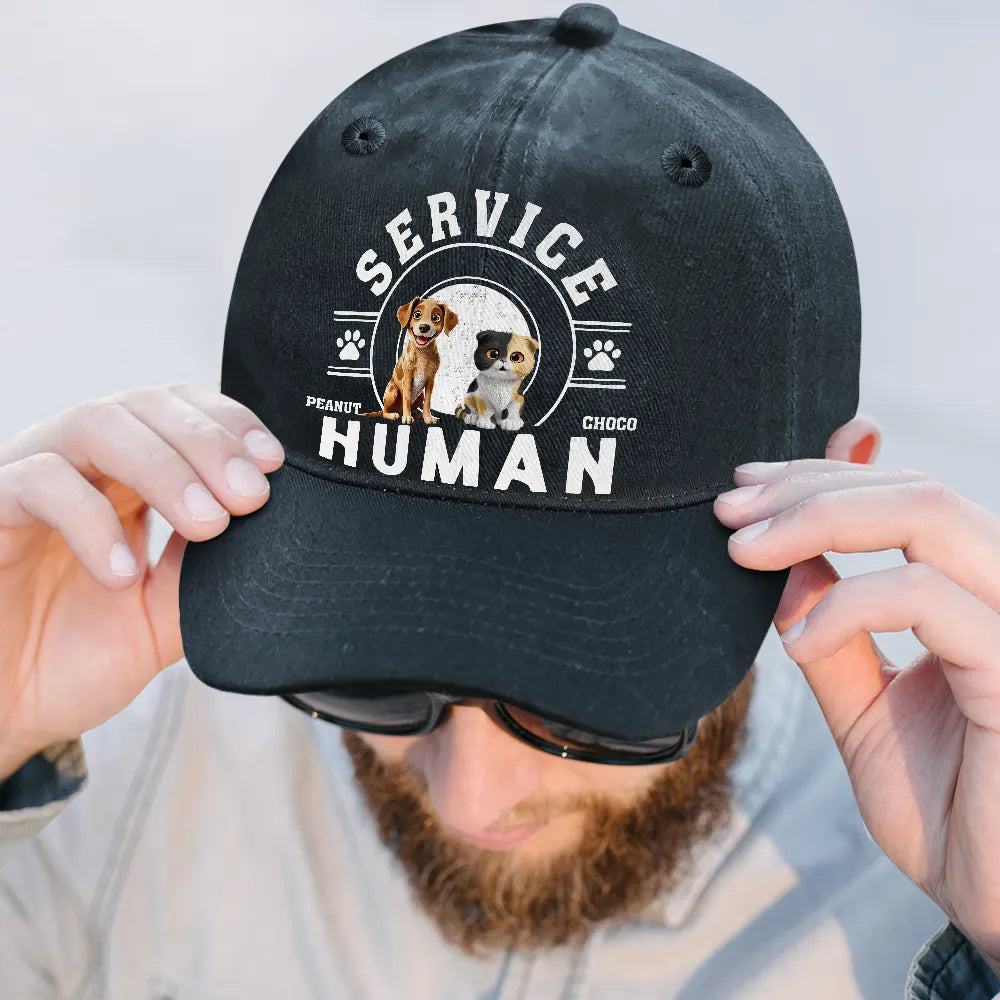 Happy,Gift For Father,Gift For Husband,Dog Dad,Cat Dad,Pet Lovers,Pet Dad - Service Human Do Not Pet Dog Cat - Personalized Vintage Washed Denim Cap