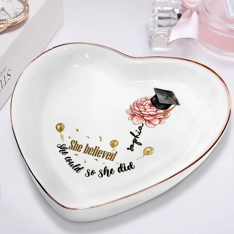 Graduation,Gift For Yourself,Gift For Women - She Believed She Could - Personalized Heart Ring Dish