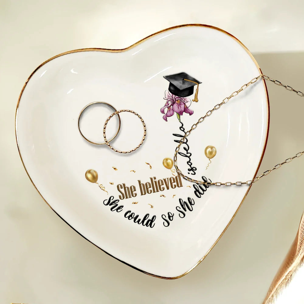Graduation,Gift For Yourself,Gift For Women - She Believed She Could - Personalized Heart Ring Dish