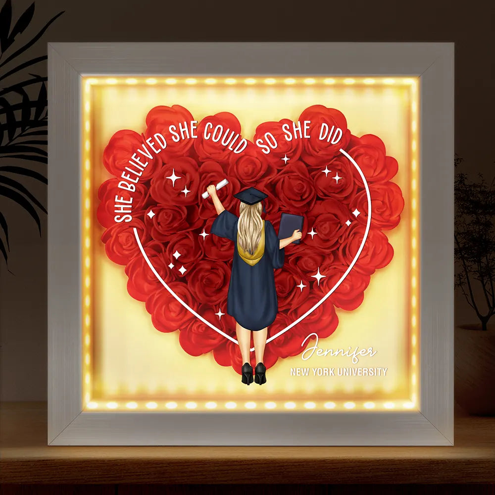 She Believed She Could Graduation Gift - Personalized LED Light Flower Shadow Box