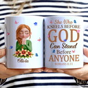 Christian,Gift For Women,Gift For Yourself - She Who Kneels Before God Can Stand Before - Personalized White Edge-to-Edge Mug
