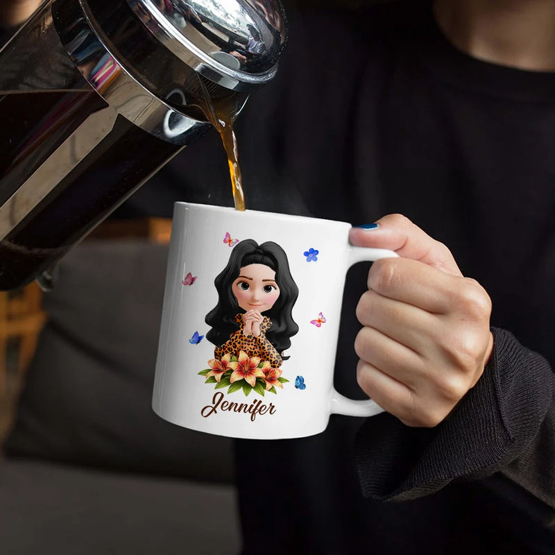 Christian,Gift For Women,Gift For Yourself - She Who Kneels Before God Can Stand Before - Personalized White Edge-to-Edge Mug