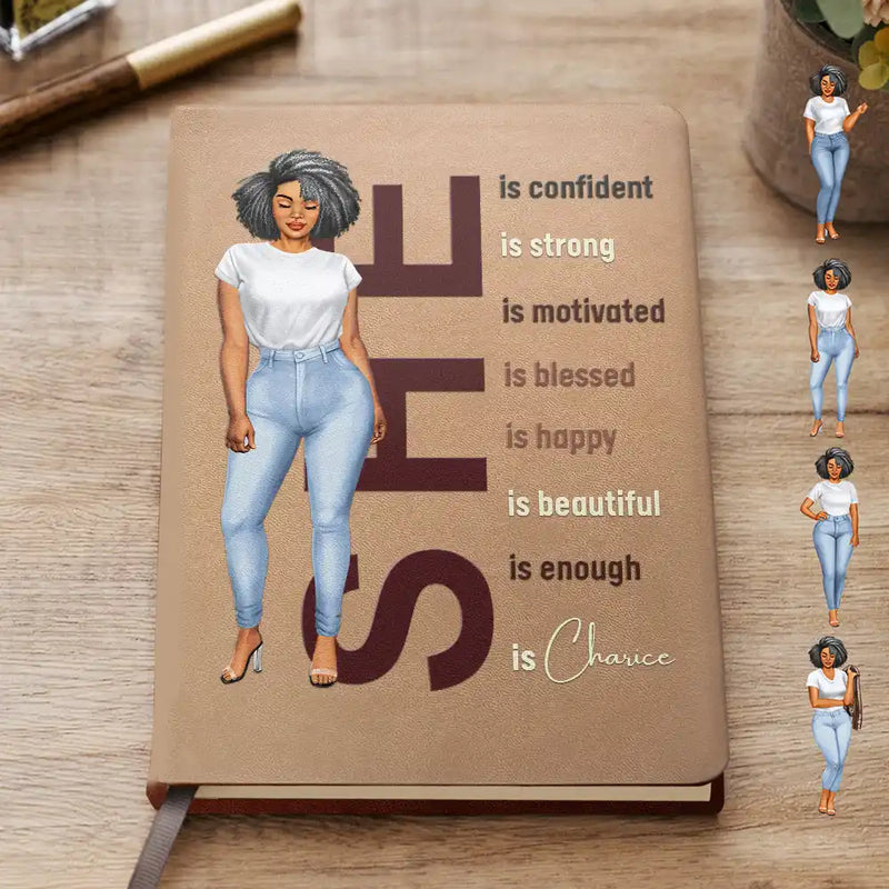 She Is Confident Strong Motivated - Personalized Leather Journal
