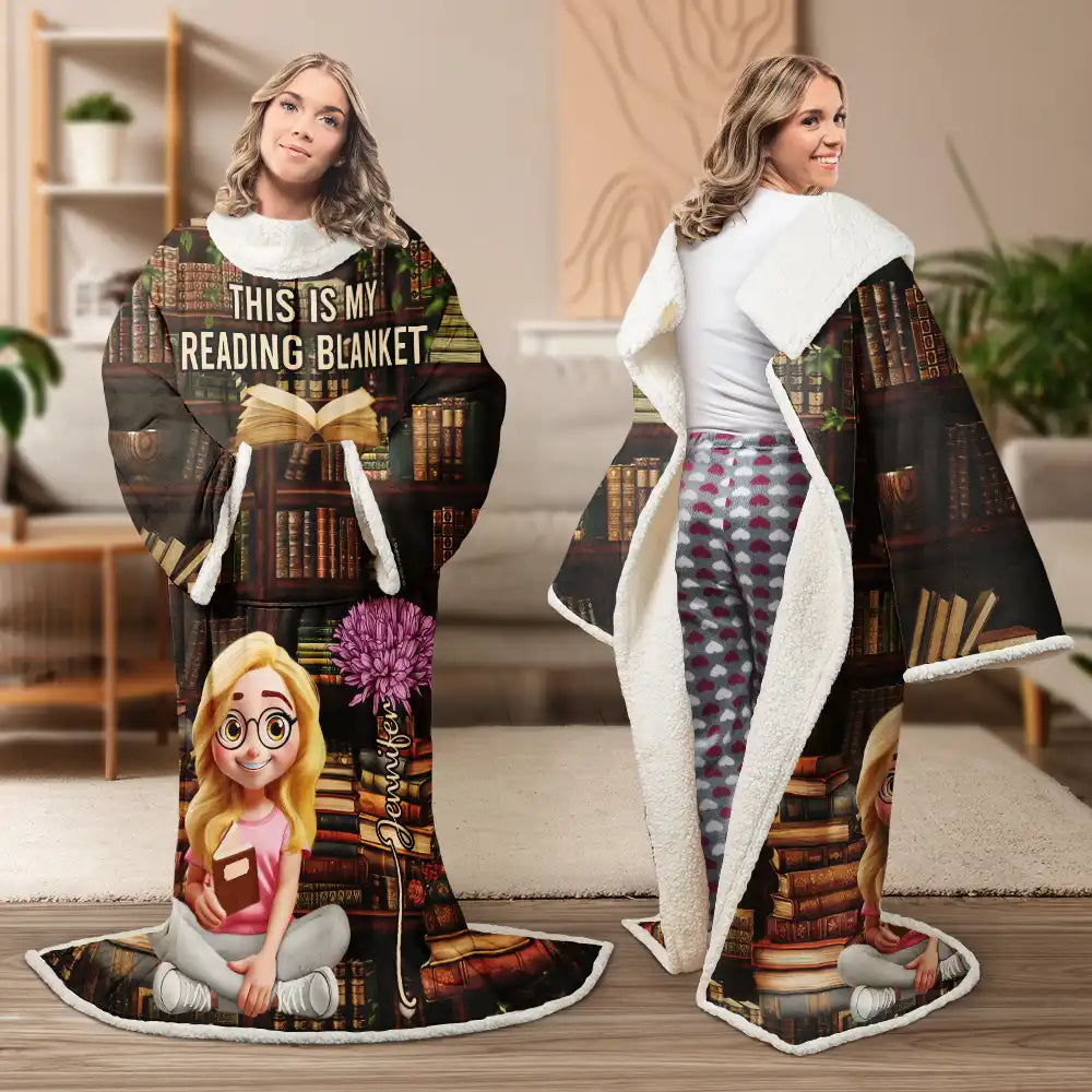Reading, Gift For Yourself, Funny - Shhh I'm Reading Bookish Girl With Birth Month Flower - Personalized Wearable Blanket With Sleeves