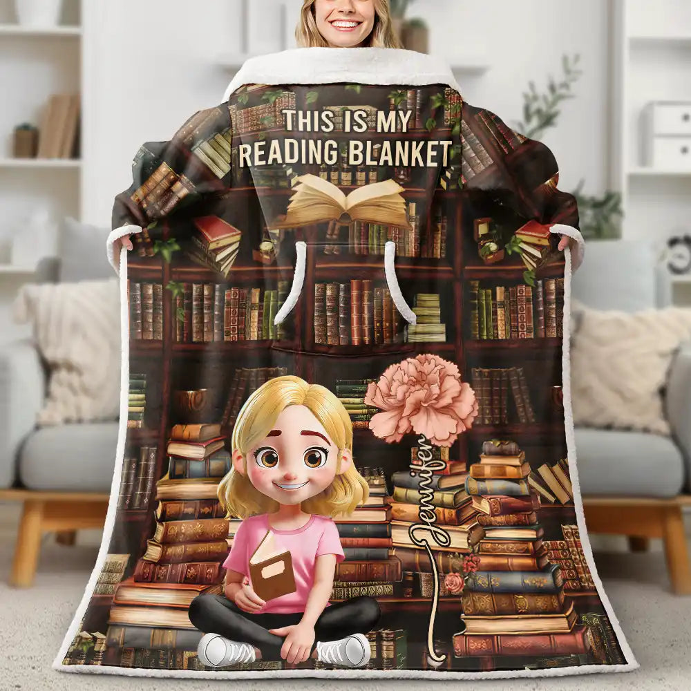 Reading, Gift For Yourself, Funny - Shhh I'm Reading Bookish Girl With Birth Month Flower - Personalized Wearable Blanket With Sleeves