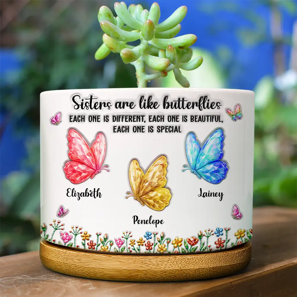 Gift For Cousin,Christmas,Gift For Sister,Gift For Sibling,Icon,Happy - Sisters Are Like Butterflies Crystal 3D Inflated Effect - Personalized Plant Pot