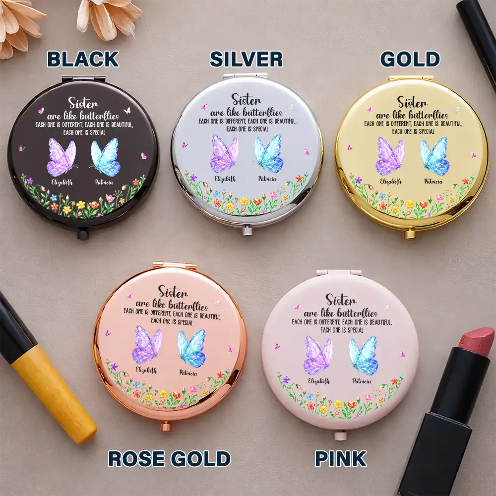 Gift For Sisters, Gift For Bestie, Gift For Sibling, Gift For Women, Happy - Sisters Are Like Butterflies Crystal Effect - Personalized Compact Mirror