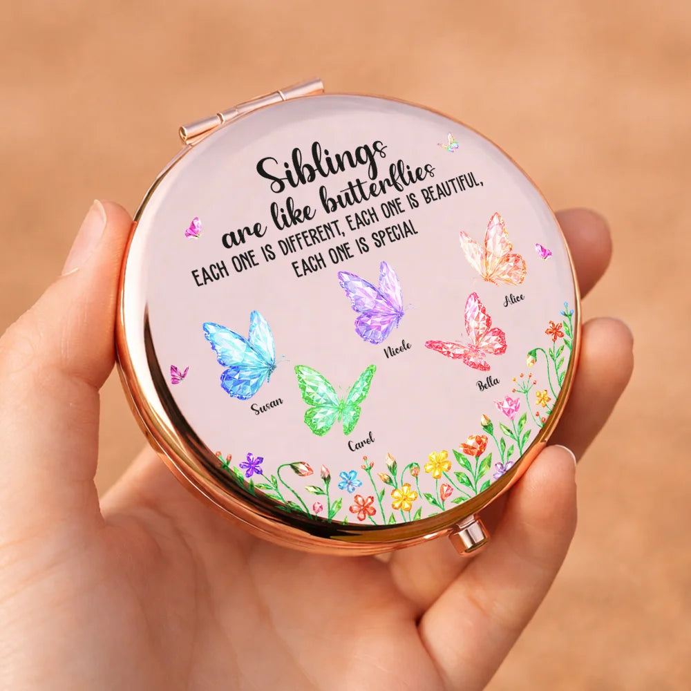Gift For Sisters, Gift For Bestie, Gift For Sibling, Gift For Women, Happy - Sisters Are Like Butterflies Crystal Effect - Personalized Compact Mirror
