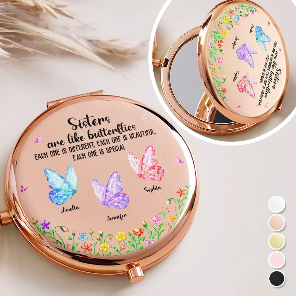 Gift For Sisters, Gift For Bestie, Gift For Sibling, Gift For Women, Happy - Sisters Are Like Butterflies Crystal Effect - Personalized Compact Mirror