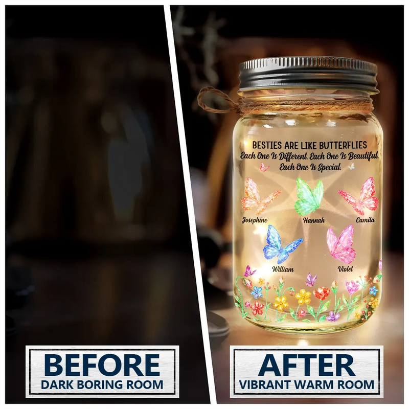 Gift For Sisters,Gift For Women,Happy - Sisters Are Like Butterflies Crytal Effect - Personalized Mason Jar Light