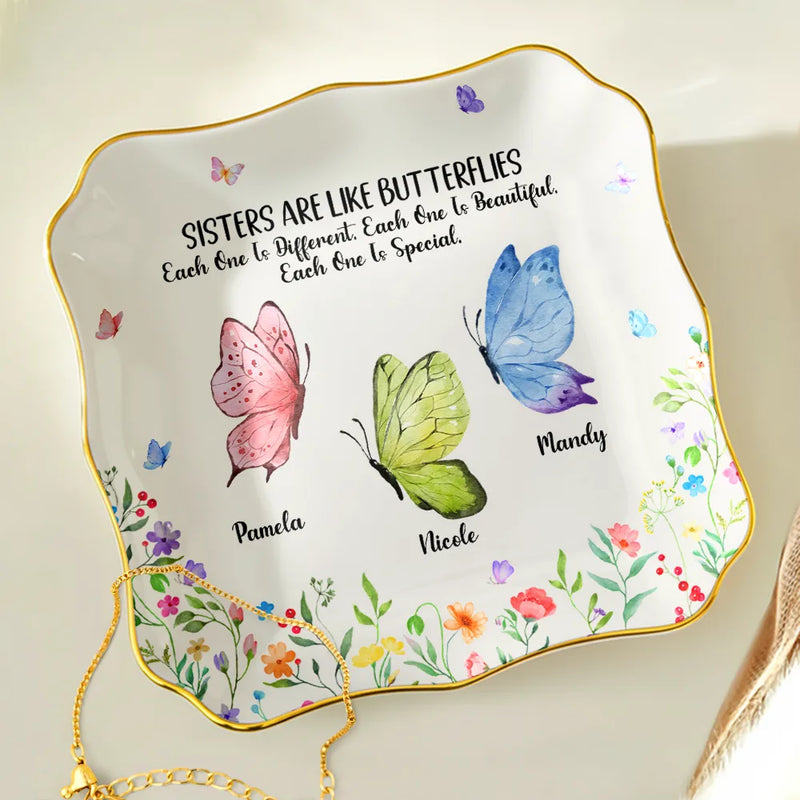 Gift For Sisters, Gift For Bestie, Gift For Women, Happy - Sisters Are Like Butterflies Watercolor - Personalized Lace Square Jewelry Dish