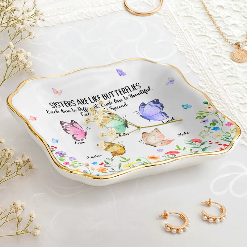 Gift For Sisters, Gift For Bestie, Gift For Women, Happy - Sisters Are Like Butterflies Watercolor - Personalized Lace Square Jewelry Dish