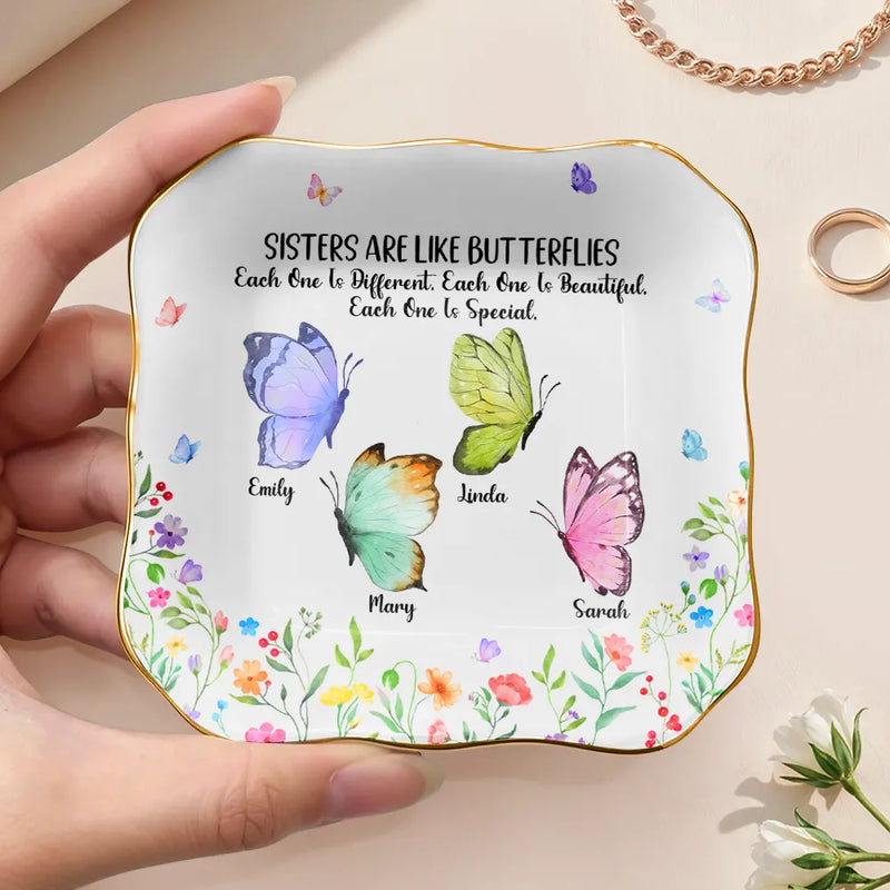 Gift For Sisters, Gift For Bestie, Gift For Women, Happy - Sisters Are Like Butterflies Watercolor - Personalized Lace Square Jewelry Dish