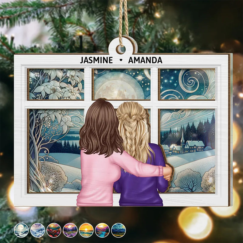 Gift For Yourself,Gift For Women,Gift For Sisters,Gift For Bestie,Christmas,Love - Sisters Besties By The Window - Personalized Suncatcher Ornament