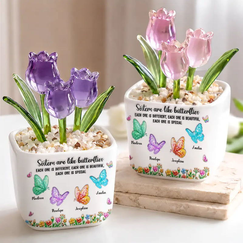 Gift For Cousin,Christmas,Gift For Sister,Gift For Sibling,Icon,Happy - Sisters Are Like Butterflies Crystal 3D Inflated Effect - Personalized Glass Flower Plant Pot