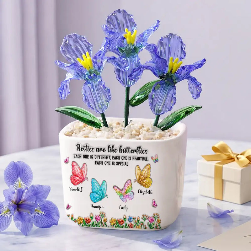 Gift For Cousin,Christmas,Gift For Sister,Gift For Sibling,Icon,Happy - Sisters Are Like Butterflies Crystal 3D Inflated Effect - Personalized Glass Flower Plant Pot