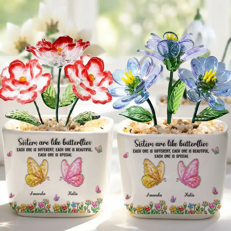 Gift For Cousin,Christmas,Gift For Sister,Gift For Sibling,Icon,Happy - Sisters Are Like Butterflies Crystal 3D Inflated Effect - Personalized Glass Flower Plant Pot