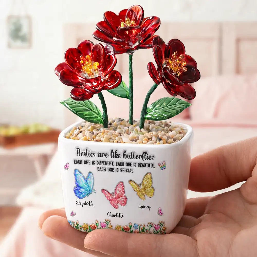 Gift For Cousin,Christmas,Gift For Sister,Gift For Sibling,Icon,Happy - Sisters Are Like Butterflies Crystal 3D Inflated Effect - Personalized Glass Flower Plant Pot