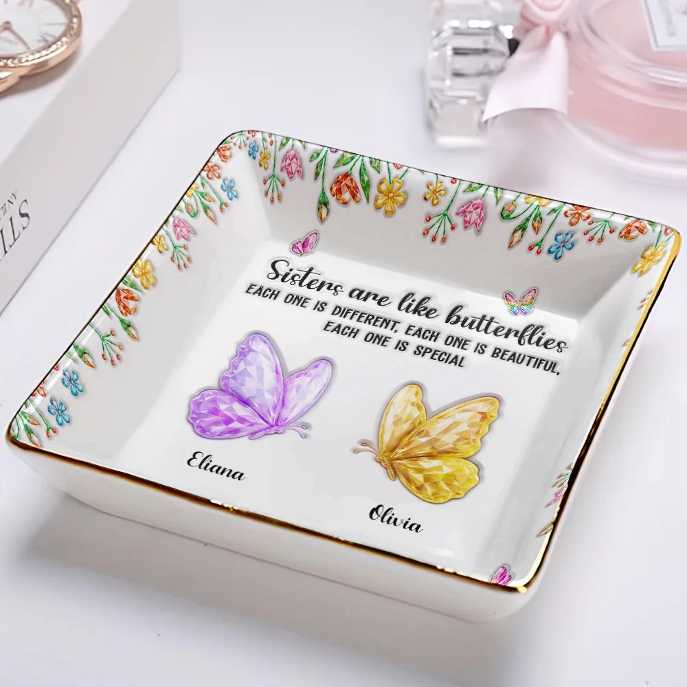Sentimental,Gift For Cousin,Christmas,Gift For Sister,Gift For Sibling,Icon - Sisters Are Like Butterflies Crystal 3D Inflated Effect - Personalized Ring Dish