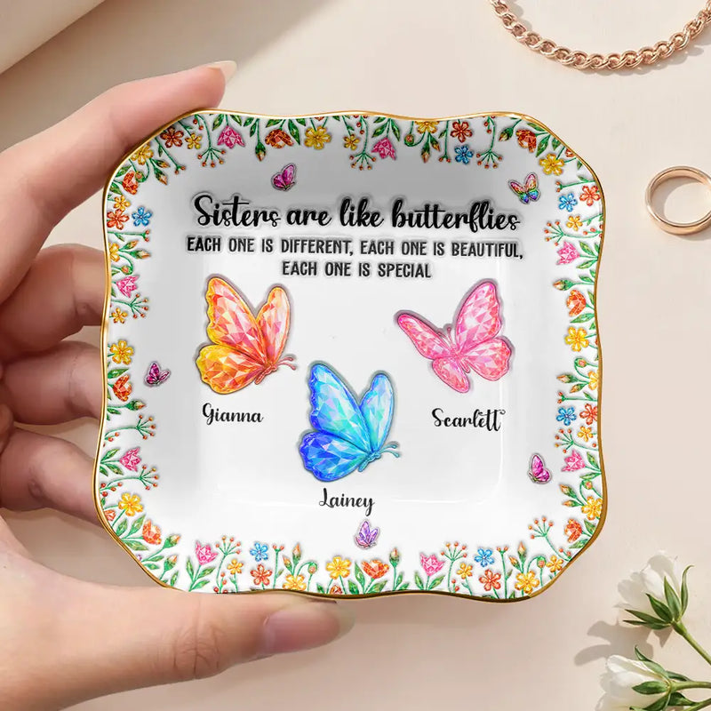Sentimental,Gift For Cousin,Christmas,Gift For Sister,Gift For Sibling,Icon - Sisters Are Like Butterflies Crystal 3D Inflated Effect - Personalized Ring Dish