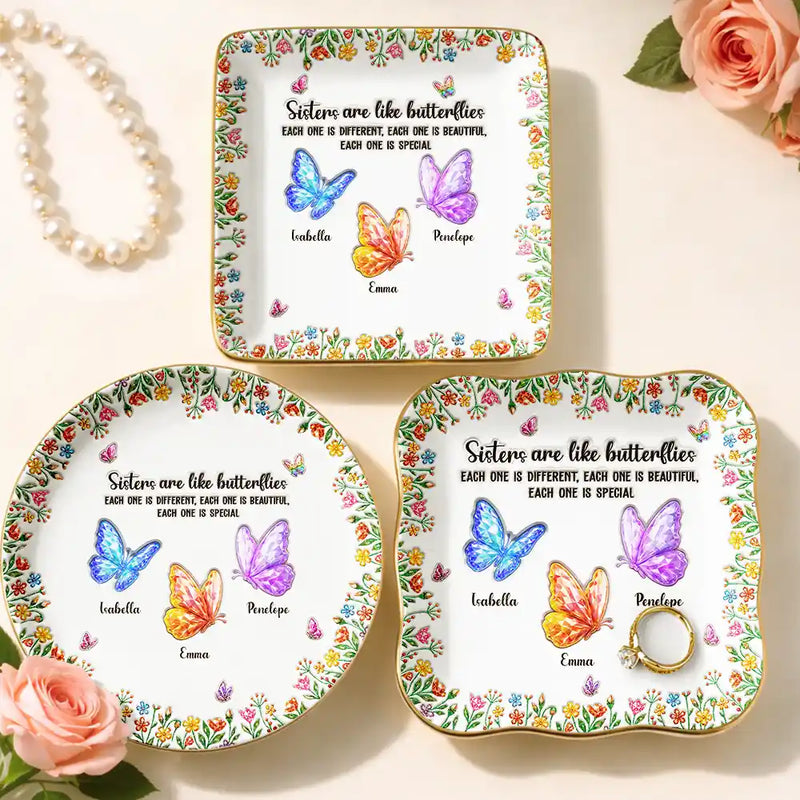 Sentimental,Gift For Cousin,Christmas,Gift For Sister,Gift For Sibling,Icon - Sisters Are Like Butterflies Crystal 3D Inflated Effect - Personalized Ring Dish
