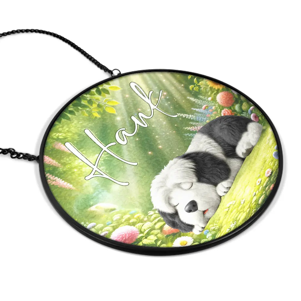 Dog Lovers,Dog Mom,Dog Dad,Happy - Sleeping Dog In The Garden - Personalized Stained Glass Window Hanging Suncatcher