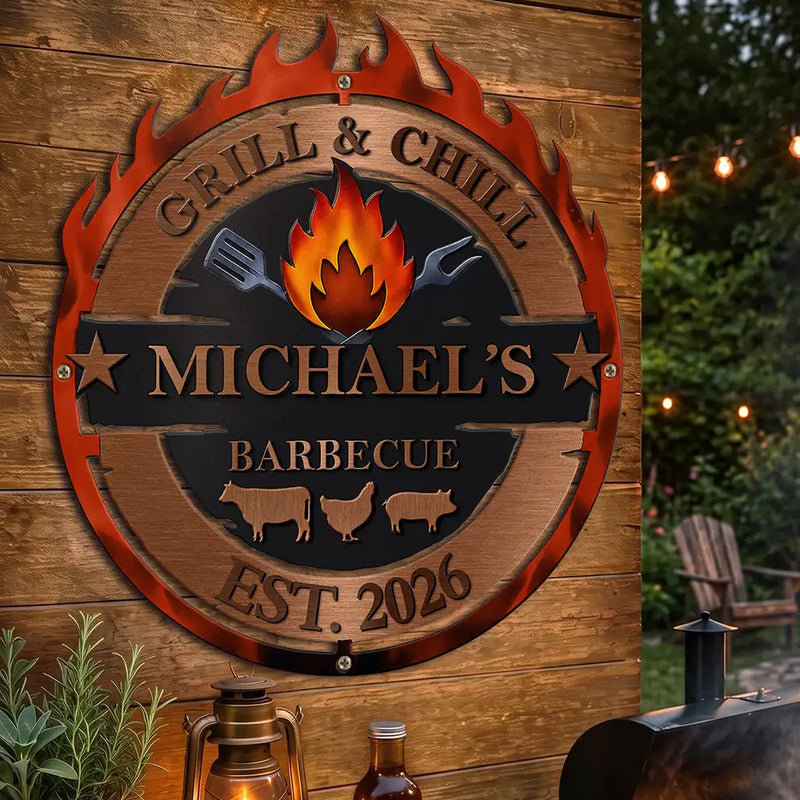 Gift For Yourself,Grilling,Custom Text,Happy - Smoke House And Grill Barbecue - Personalized Custom Shaped Metal Sign