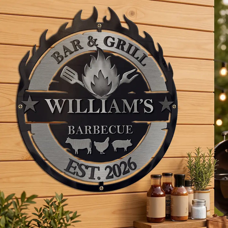 Gift For Yourself,Grilling,Custom Text,Happy - Smoke House And Grill Barbecue - Personalized Custom Shaped Metal Sign