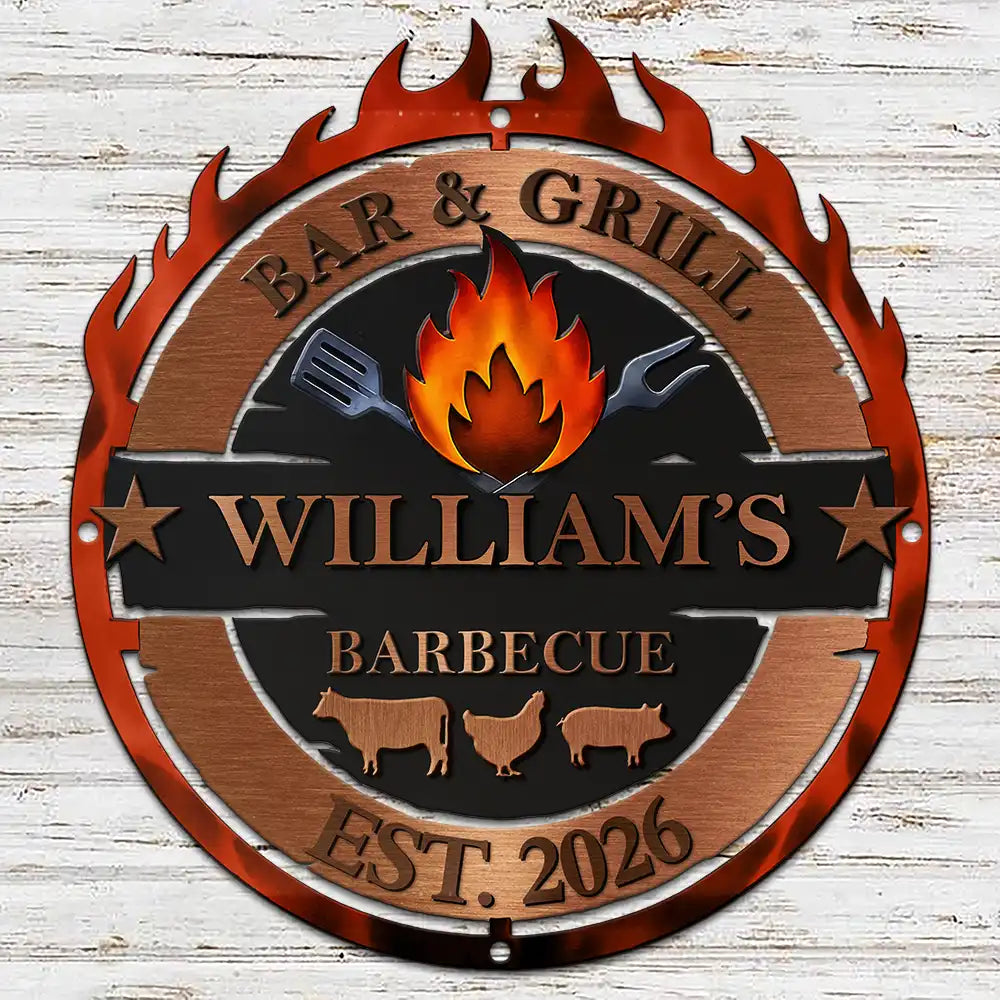 Gift For Yourself,Grilling,Custom Text,Happy - Smoke House And Grill Barbecue - Personalized Custom Shaped Metal Sign