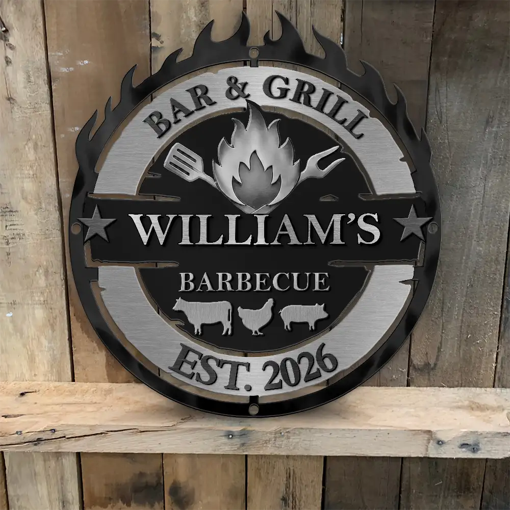 Gift For Yourself,Grilling,Custom Text,Happy - Smoke House And Grill Barbecue - Personalized Custom Shaped Metal Sign