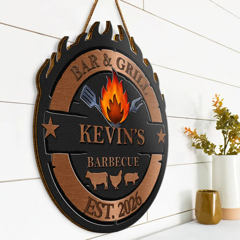 Gift For Yourself,Grilling,Custom Text,Happy - Smoke House And Grill Barbecue - Personalized Custom Shaped Wood Sign