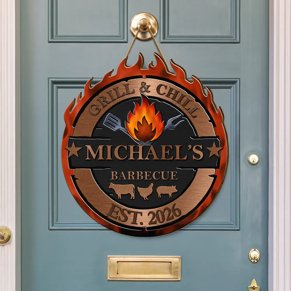 Gift For Yourself,Grilling,Custom Text,Happy - Smoke House And Grill Barbecue - Personalized Custom Shaped Wood Sign