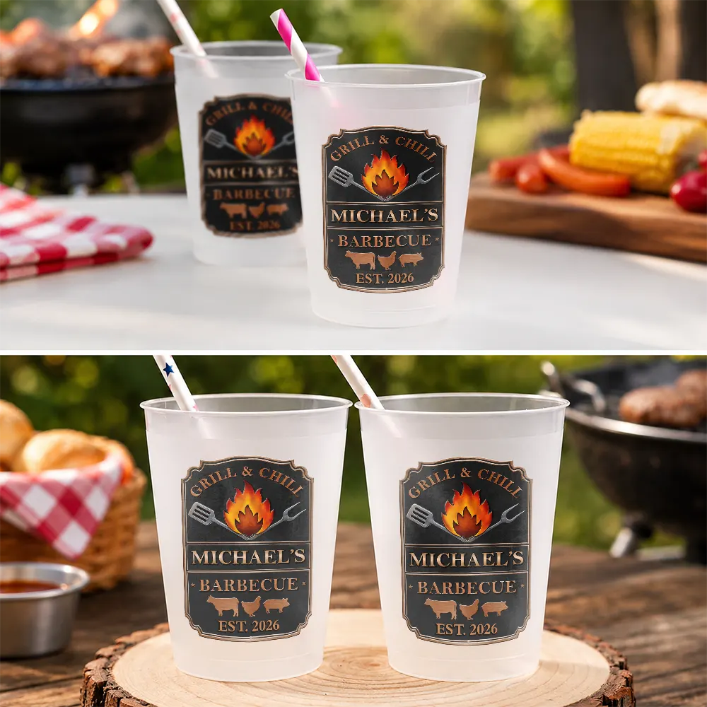 Gift For Yourself,Grilling,Custom Text,Happy - Smoke House And Grill Barbecue - Personalized Frosted Cups