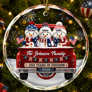 Independence Day,America 250th,Christmas,Proud,Family,Icon - Snowman 250 Years Of Freedom - Personalized Circle Glass Ornament