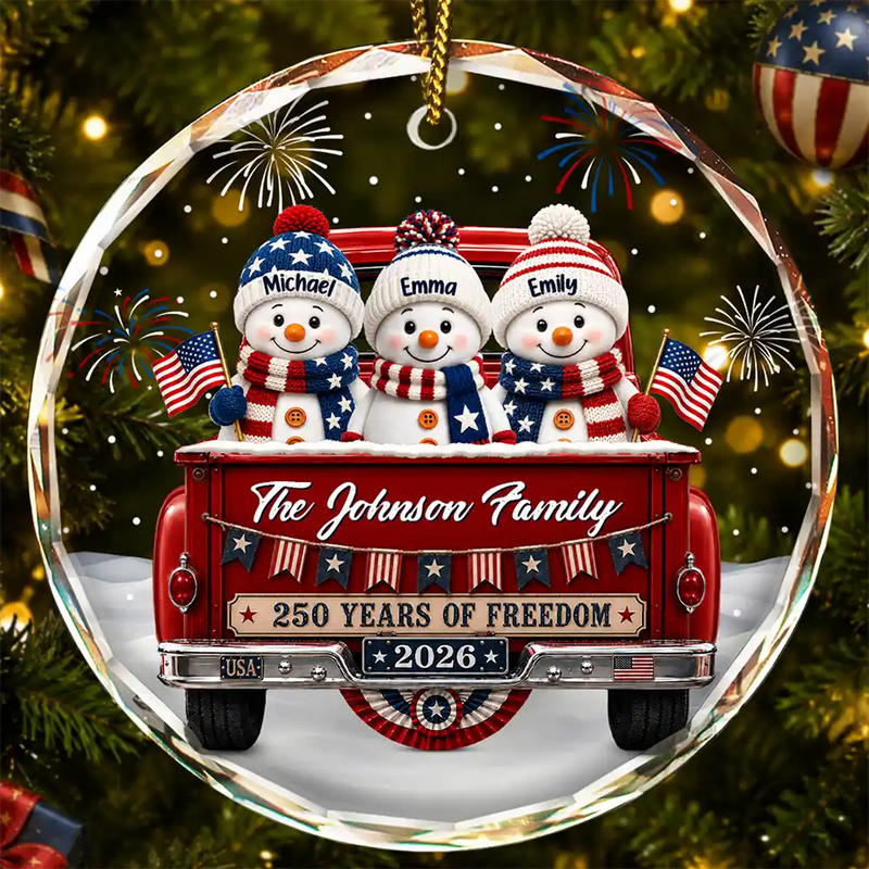 Independence Day,America 250th,Christmas,Proud,Family,Icon - Snowman 250 Years Of Freedom - Personalized Circle Glass Ornament