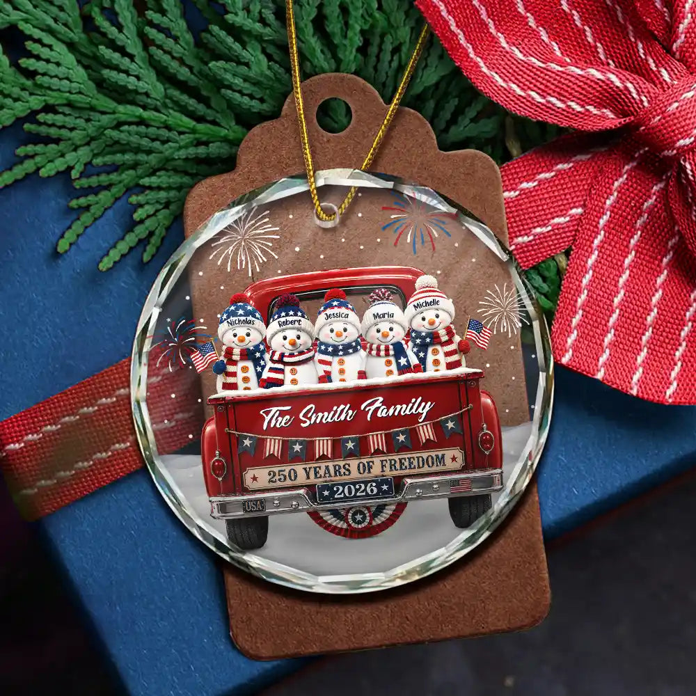 Independence Day,America 250th,Christmas,Proud,Family,Icon - Snowman 250 Years Of Freedom - Personalized Circle Glass Ornament