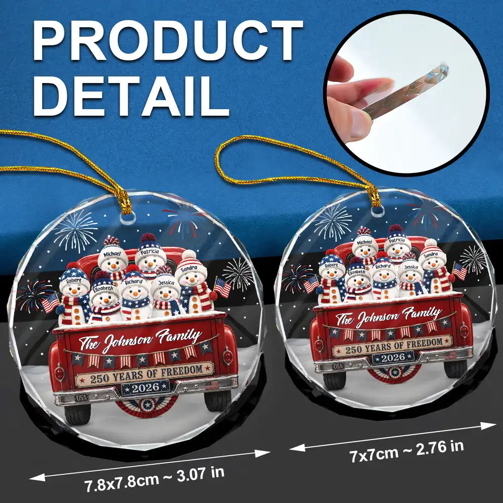 Independence Day,America 250th,Christmas,Proud,Family,Icon - Snowman 250 Years Of Freedom - Personalized Circle Glass Ornament