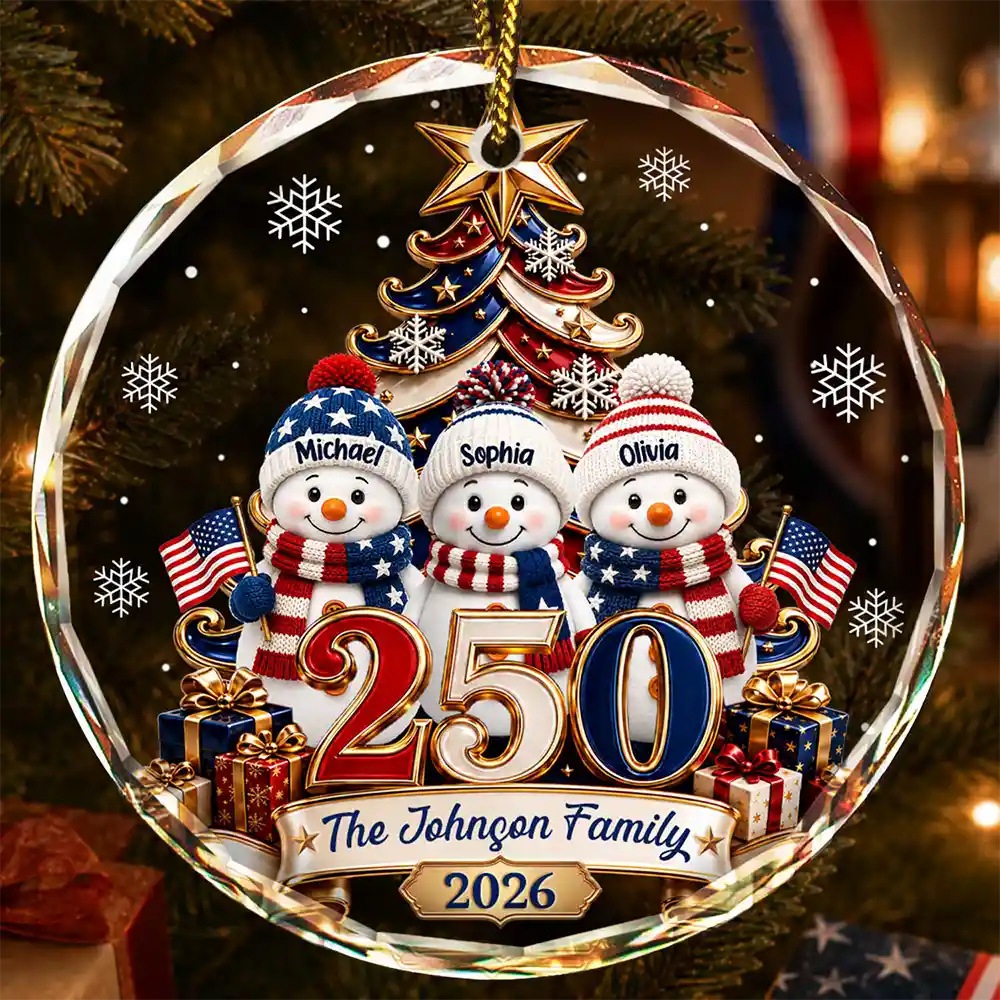 Snowman 250 Years Of Freedom America Anniversary - Personalized Circle Glass Ornament
