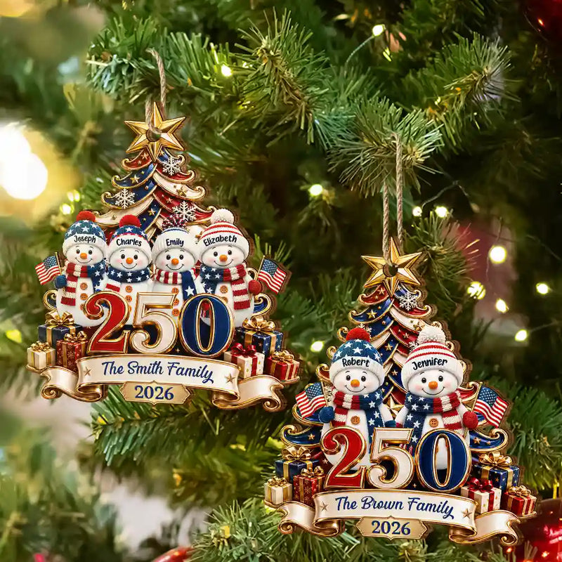 Independence Day,America 250th,Christmas,Proud,Family,Icon - Snowman 250 Years Of Freedom America Anniversary - Personalized Custom Shaped Wooden Ornament