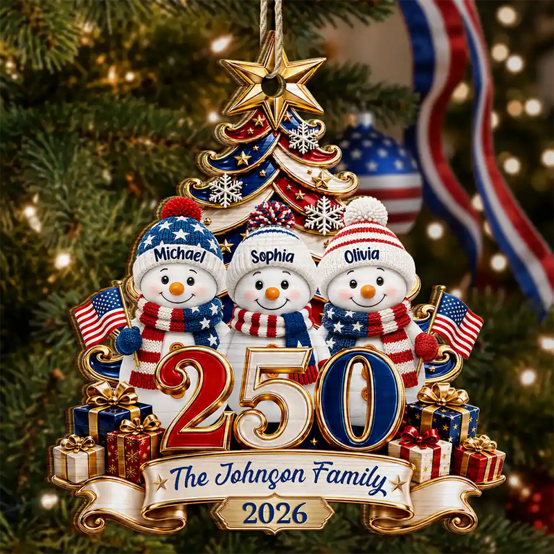 Independence Day,America 250th,Christmas,Proud,Family,Icon - Snowman 250 Years Of Freedom America Anniversary - Personalized Custom Shaped Wooden Ornament