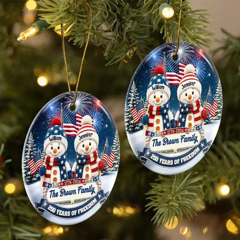 Independence Day,America 250th,Christmas,Proud,Family,Icon - Snowman 250 Years Of Freedom Anniversary - Personalized Circle Ceramic Ornament