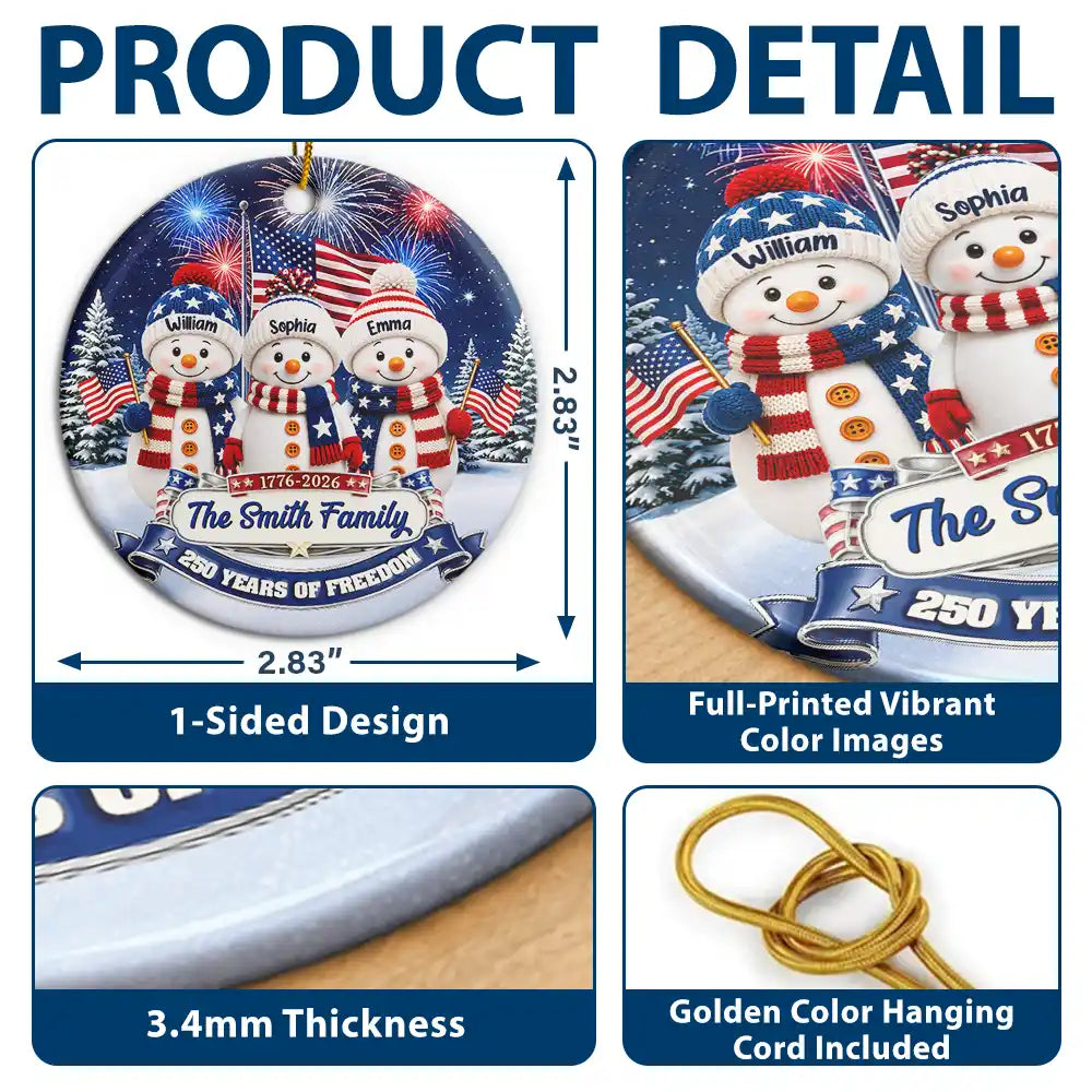 Independence Day,America 250th,Christmas,Proud,Family,Icon - Snowman 250 Years Of Freedom Anniversary - Personalized Circle Ceramic Ornament