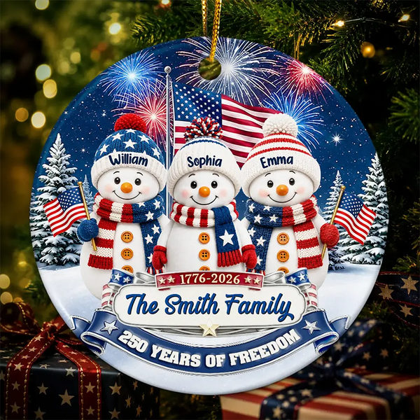 Independence Day,America 250th,Christmas,Proud,Family,Icon - Snowman 250 Years Of Freedom Anniversary - Personalized Circle Ceramic Ornament