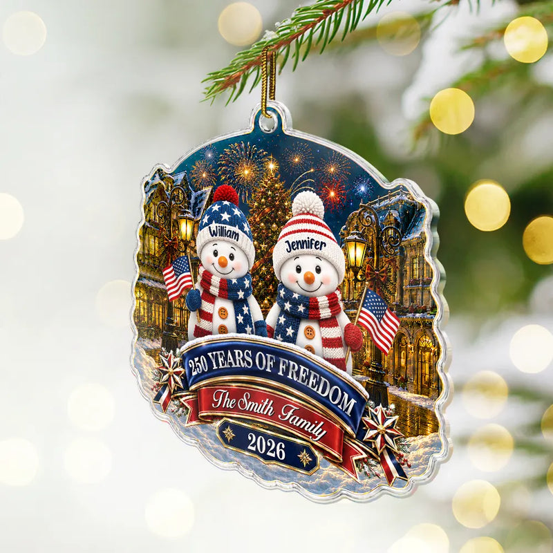 Independence Day,America 250th,Christmas,Proud,Family,Icon - Snowman Family 250 Years Of Freedom Anniversary - Personalized Custom Shaped Acrylic Ornament