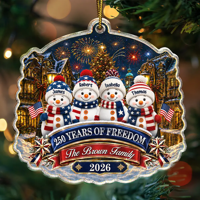 Independence Day,America 250th,Christmas,Proud,Family,Icon - Snowman Family 250 Years Of Freedom Anniversary - Personalized Custom Shaped Acrylic Ornament