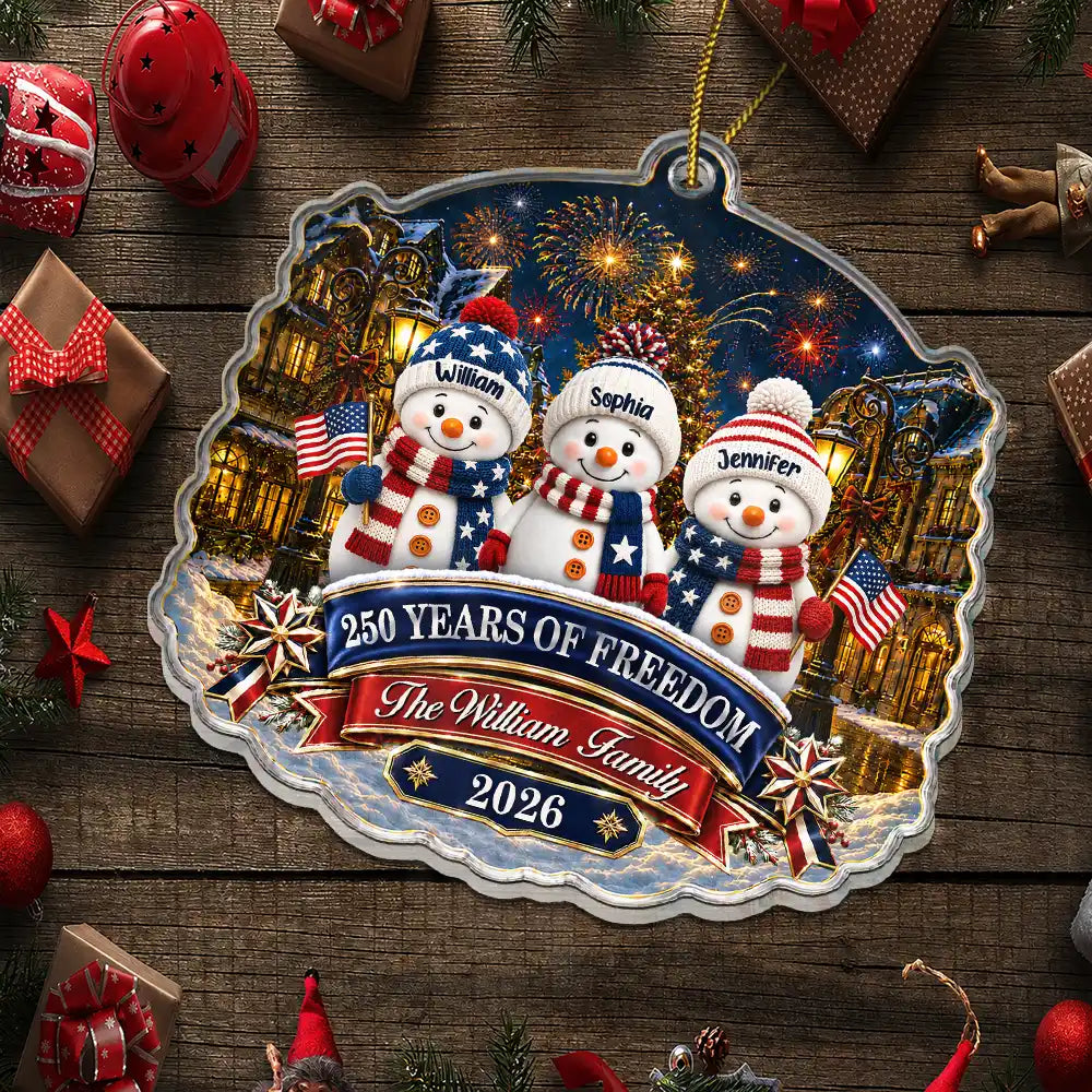 Independence Day,America 250th,Christmas,Proud,Family,Icon - Snowman Family 250 Years Of Freedom Anniversary - Personalized Custom Shaped Acrylic Ornament