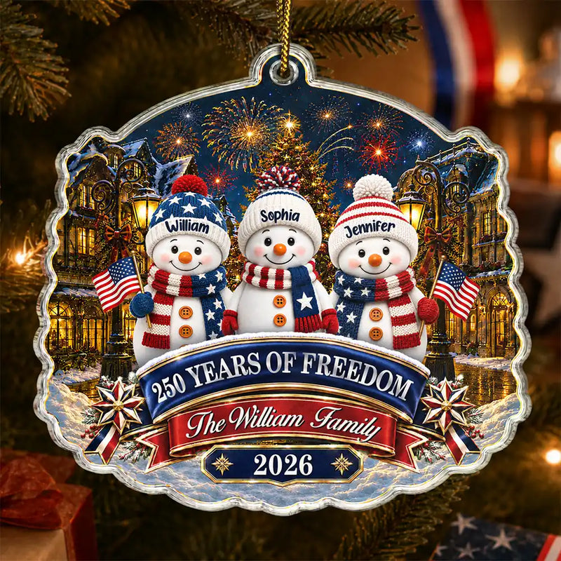 Independence Day,America 250th,Christmas,Proud,Family,Icon - Snowman Family 250 Years Of Freedom Anniversary - Personalized Custom Shaped Acrylic Ornament